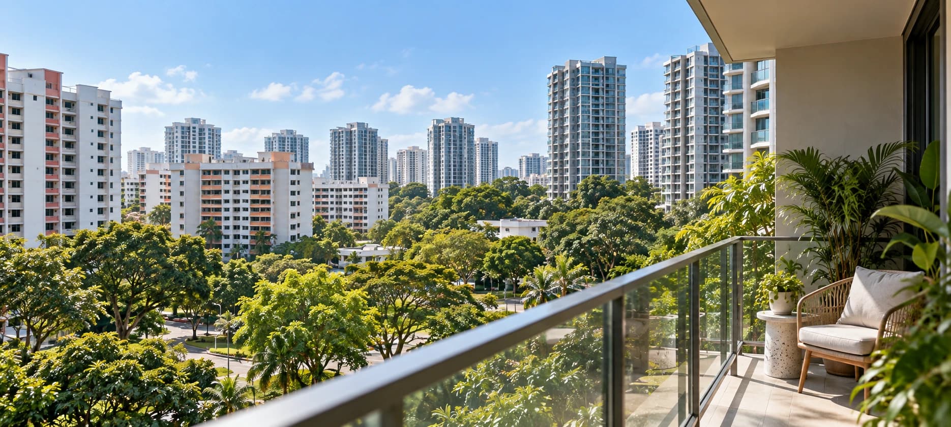 View from a Singapore condominium balcony over HDB estates and greenery